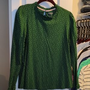Boden Forest Green Polka Dot Long Sleeve Top with Ruffle Collar and Cuffs